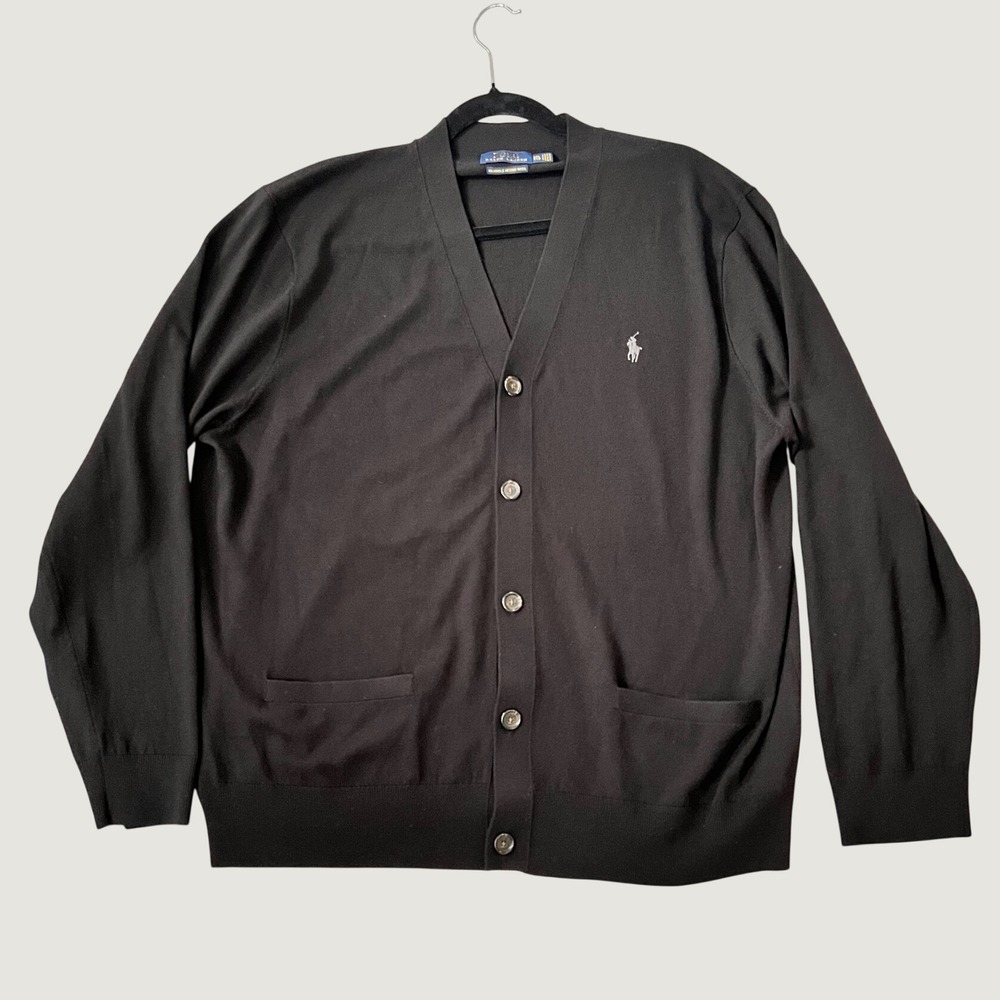Polo Ralph Lauren Cardigan Black Washable Merino Wool V-Neck XXL